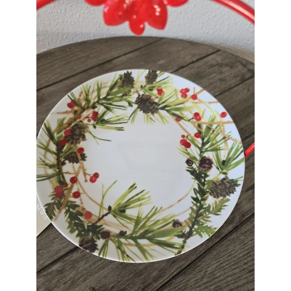 NWT Hallmark Christmas Serving Plate Pine Cones Berries Woodland Red Metal Stand